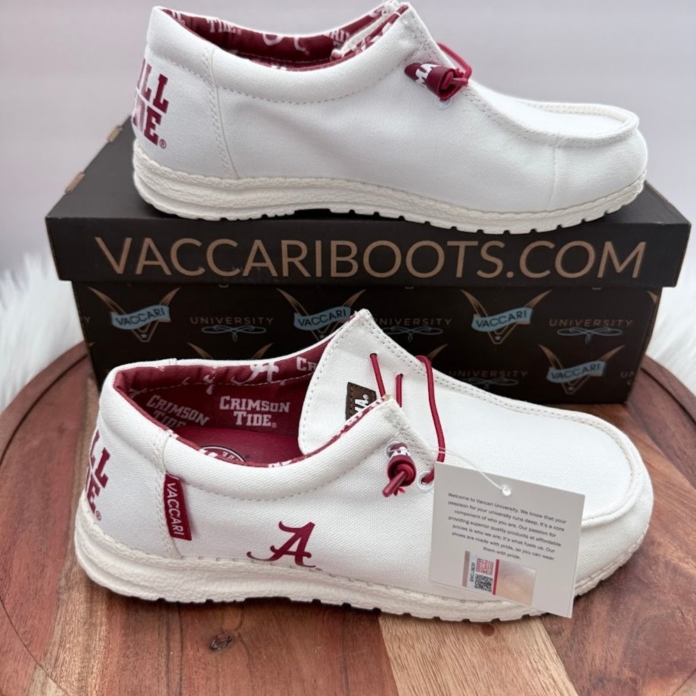 Vaccari Alabama Crimson Tide Women Sz 6 White Canvas Loafers Roll Tide UA WS031